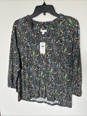 J. Jill Marinengar Black Floral Bird Button-Front Blouse Medium Petite, NWT